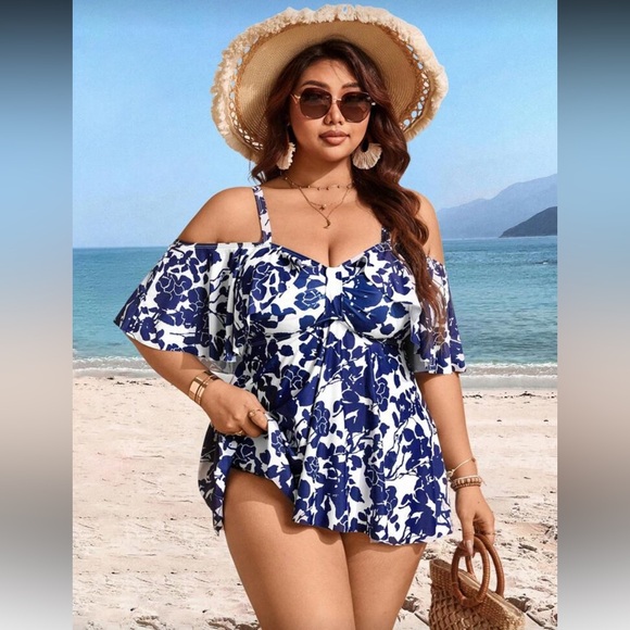 Floral Off-Shoulder Blue and White Women's Swimsuit - Picture 3 of 7